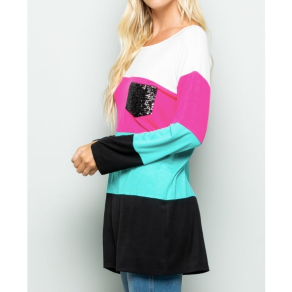 Colorblock Stripe Long Sleeve Top Sequin Sparkle - Picture 2 of 5